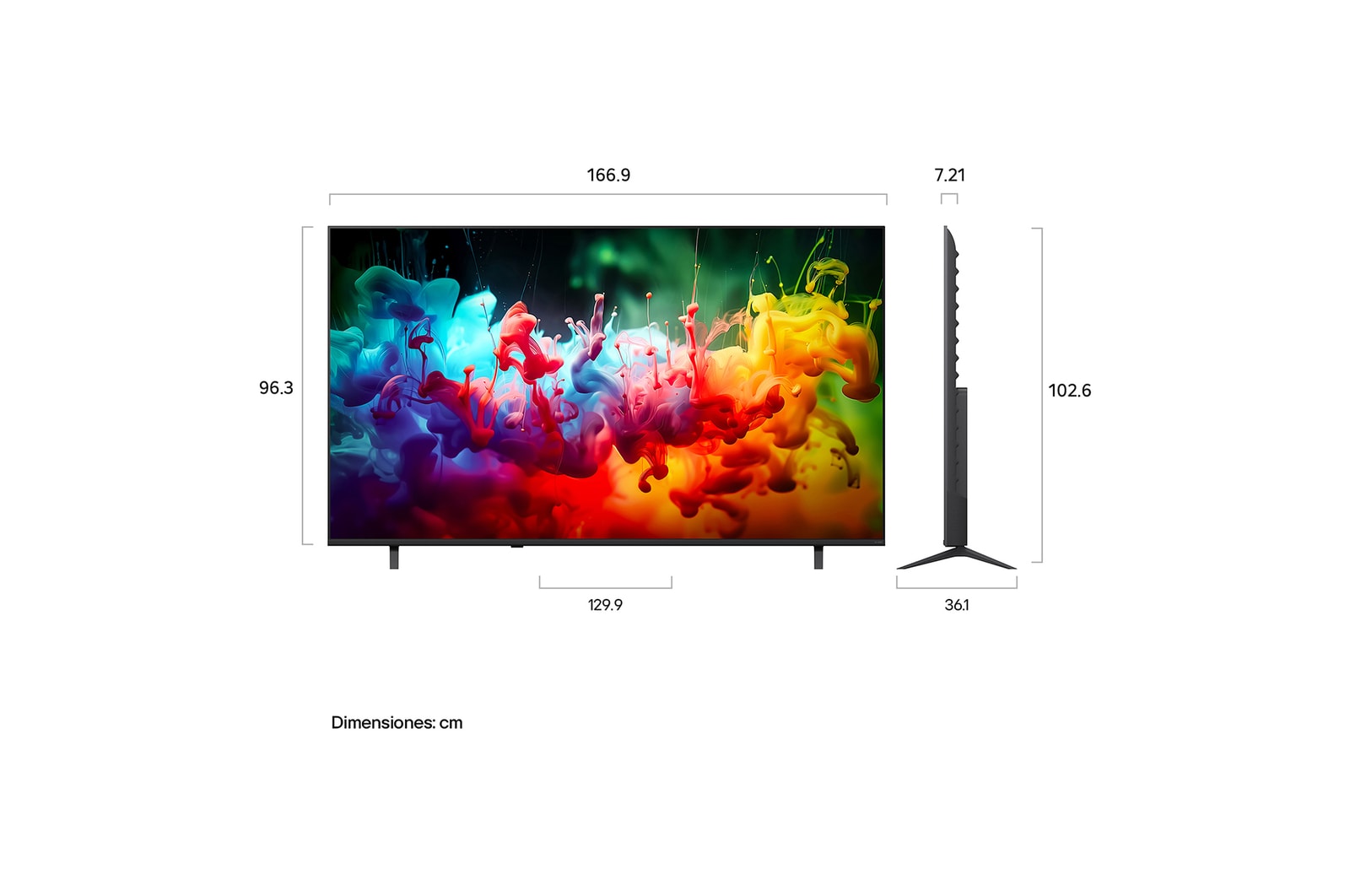 LG QNED AI QNED74 Mini LED shown in front and side views highlights an 85-inch display with a 1890 mm-wide screen, 1088 mm screen height, 1148 mm height with stand, a 72.4 mm profile depth, and a stand footprint measuring 1565 by 362 mm.